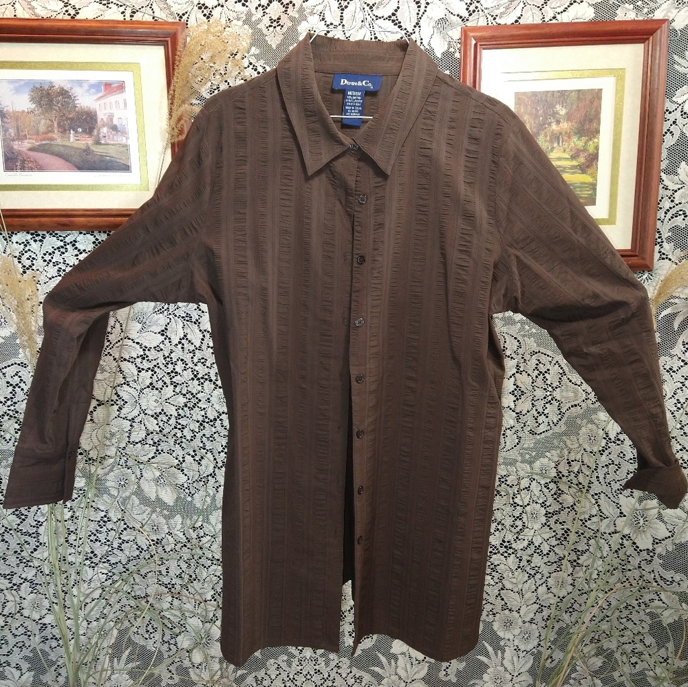 Denim&Co brown shirt ribbed loose fit lightweight long sleeve button down